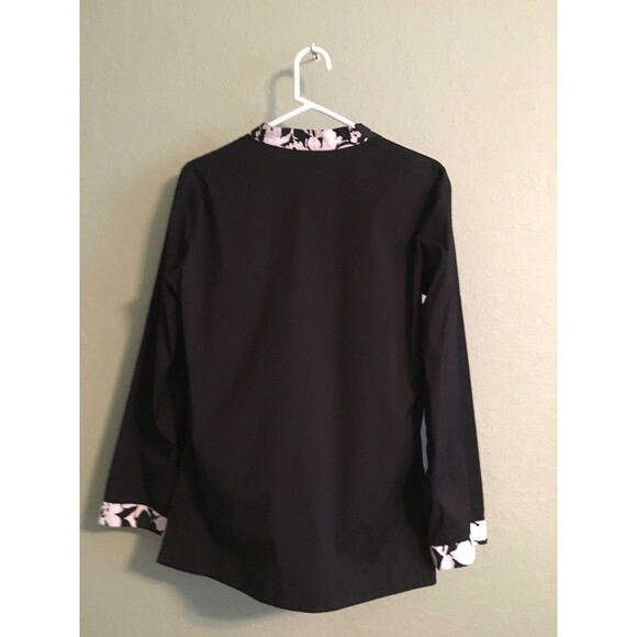Women's Jones New York Black/White Floral Trim Split Neck Long Sleeve Tunic  M - Picture 3 of 4